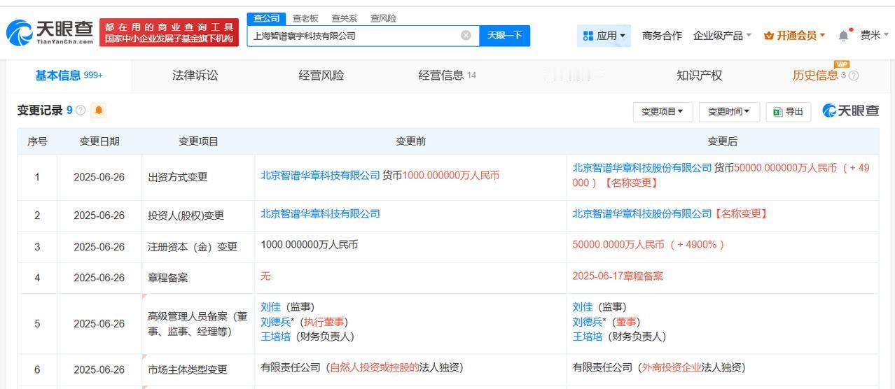 【智谱AI旗下上海智谱寰宇科技公司增资至5亿 增幅4900%】
天眼查App显示