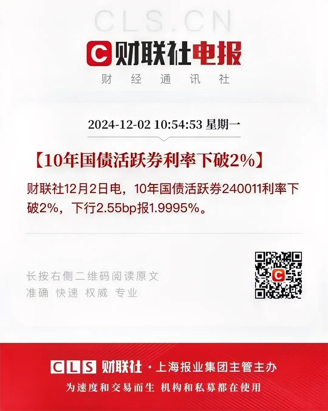 10年国债活跃券利率下破2%到1.9995%。
债券利率下行有利于股市和房市。