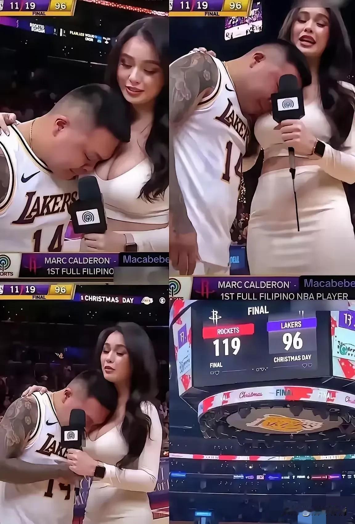 湖人输给了火箭，
湖人球迷却赢了，
小伙子应该是资深球迷，
从他的穿着打扮就可以