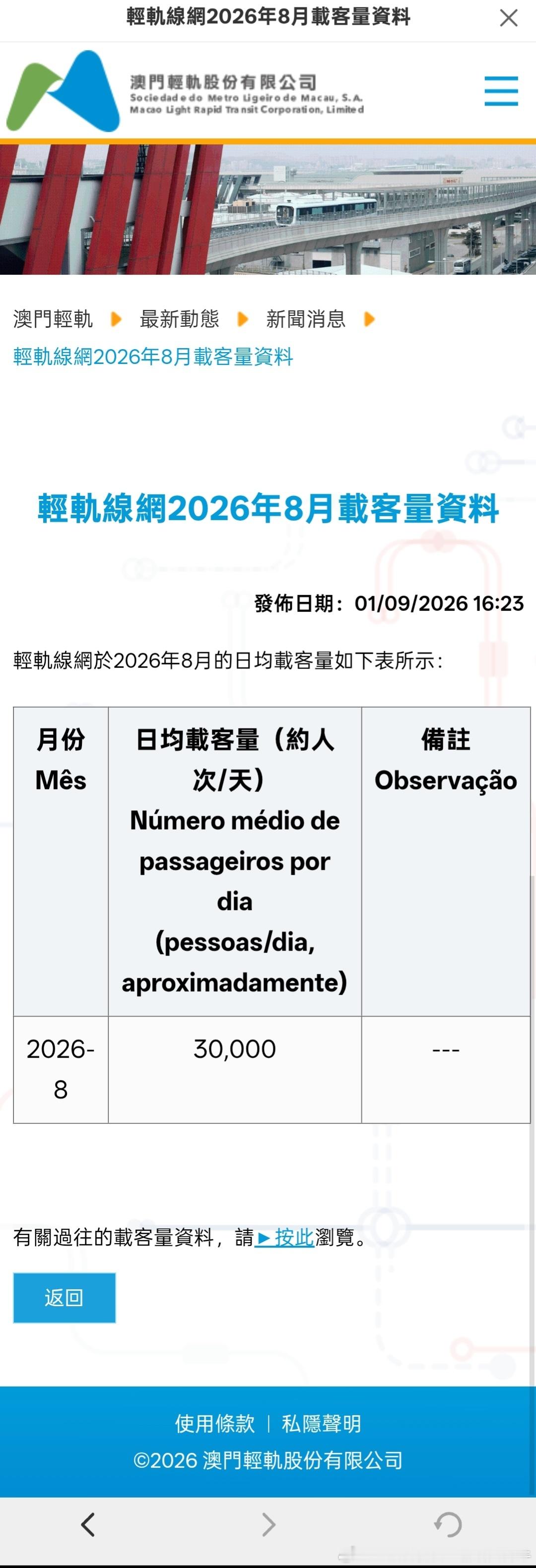 【澳门轻轨 澳门轻轨全线网2026年8月份日均客流公布，再次打破上月记录】   
