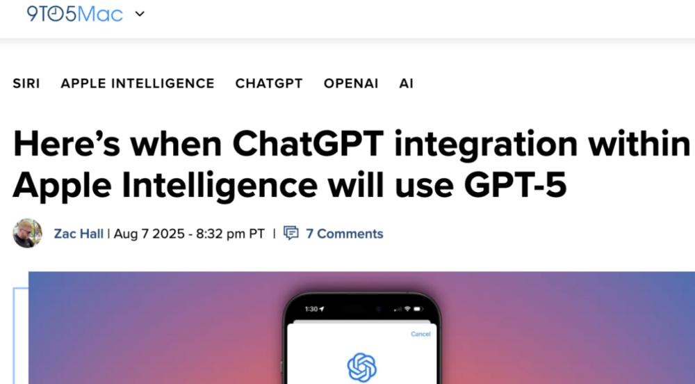 【苹果 Apple Intelligence 将升 GPT-5】
据悉，苹果下月