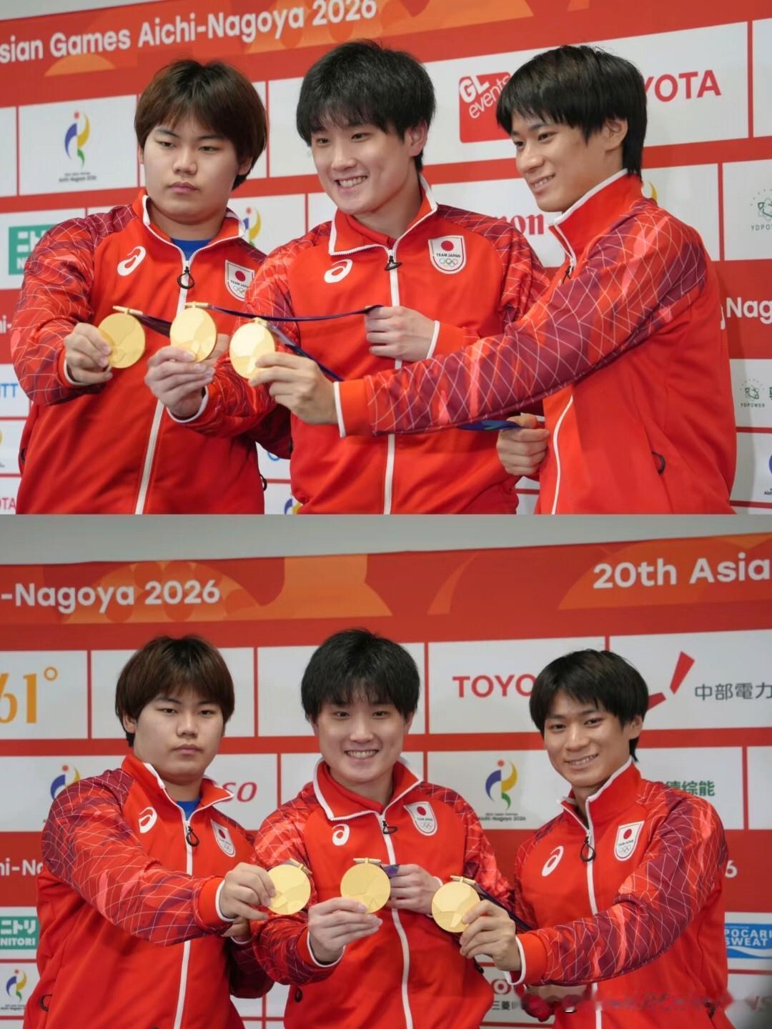 松岛辉空、张本智和、户上隼辅晒出自己的亚运会大金牌。
今天晚上结束的男团决赛，日