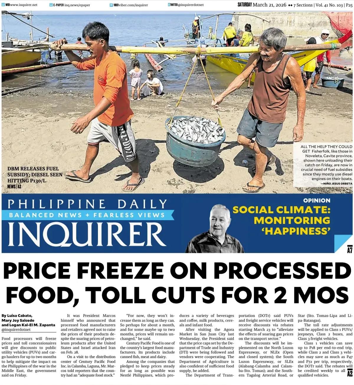 《菲律宾每日问询者报》头版报道，他们所能得到的所有帮助， 像甲米地省诺韦莱塔的渔