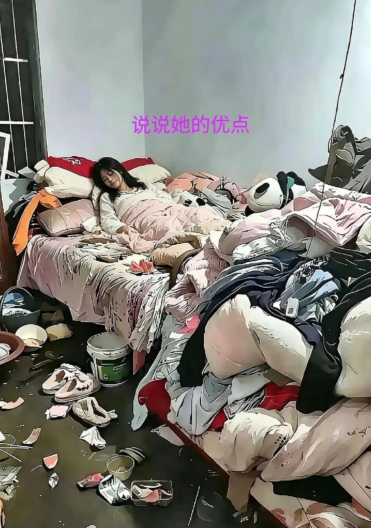 真是佩服，
这样的环境能睡得这么踏实。
这样的人，
你能说出她的优点吗？
我就不
