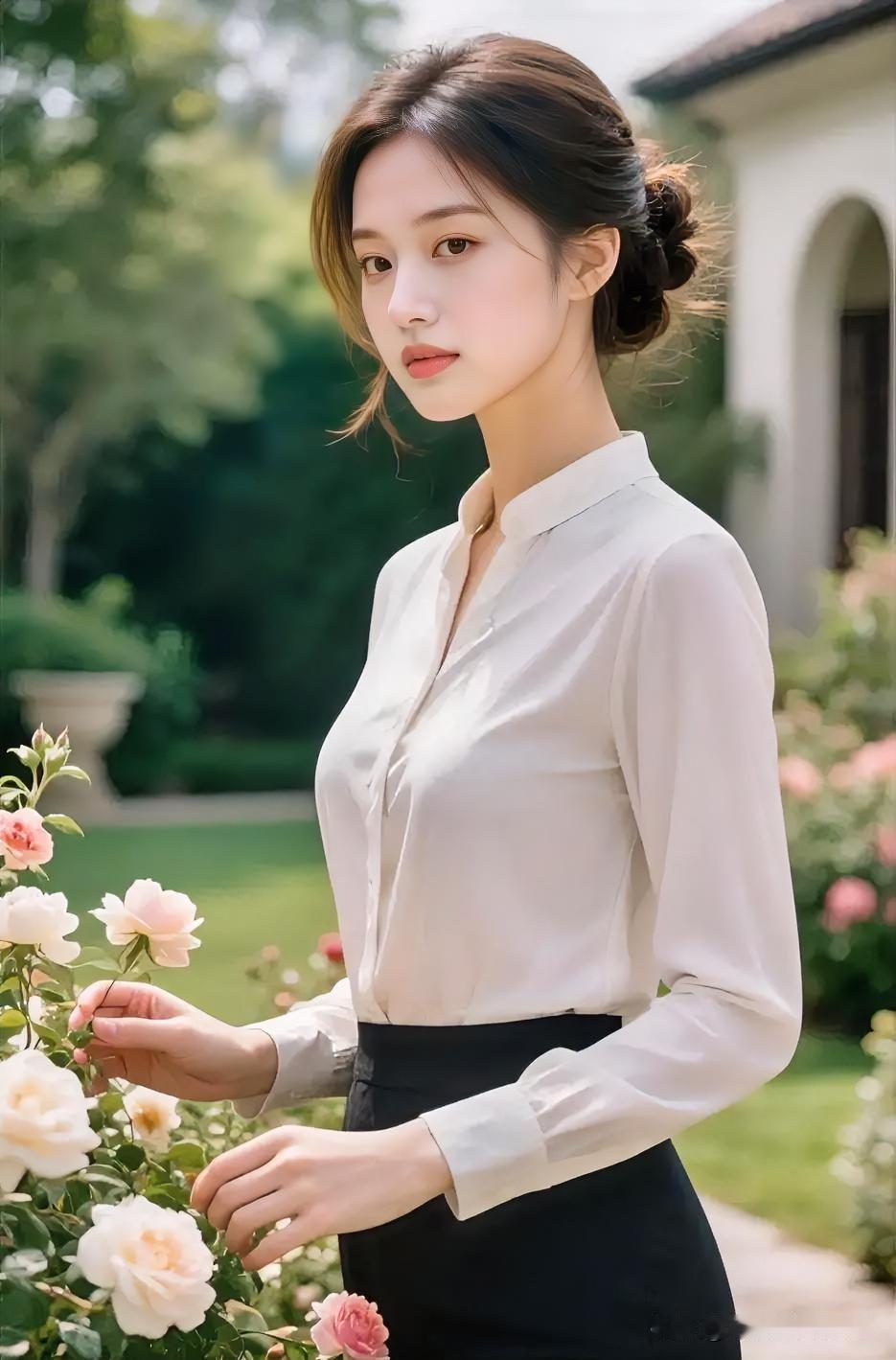 美不美你说了算💞💞素白衣衫轻挽黑裙，立于玫瑰丛旁。指尖微触花瓣，眸光流转温婉