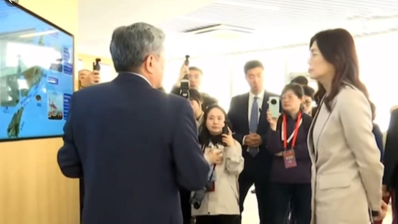 4月9日郑丽文参观洋山港，听接待员讲解的时候，时而双手抱胸时而双手背后，太有女强