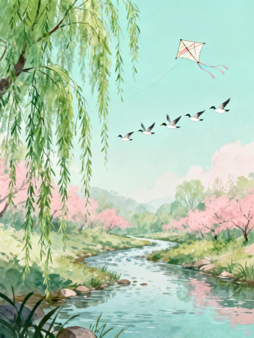 莺啼柳漾翠含烟，
溪软风柔戏纸鸢。
笑语悄逐春色醉，
雁点青天一字还。