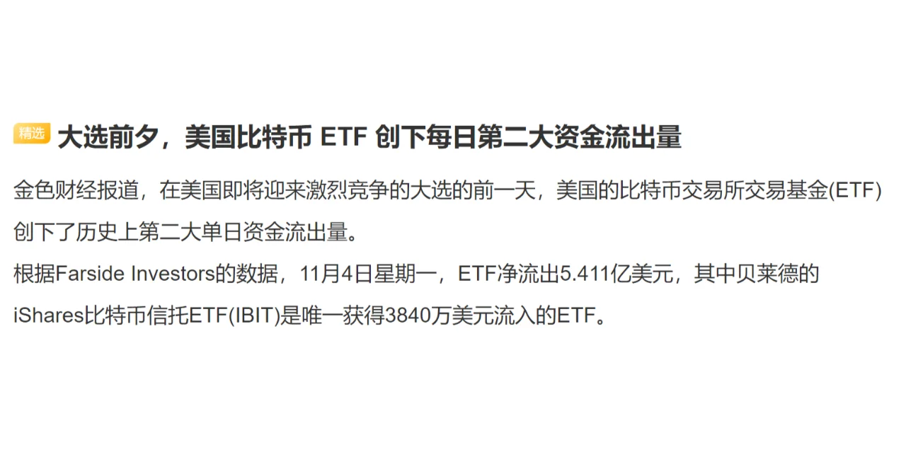 大选前夕，美国比特币 ETF 创下每日第二大资金流出量