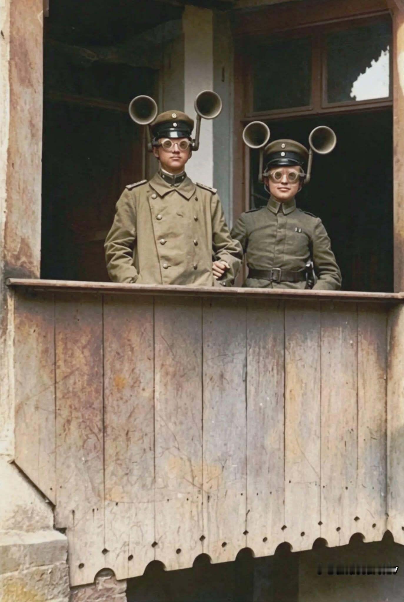 第一次世界大战期间（约1917年），西线战场上两名德国士兵佩戴便携式声音探测设备