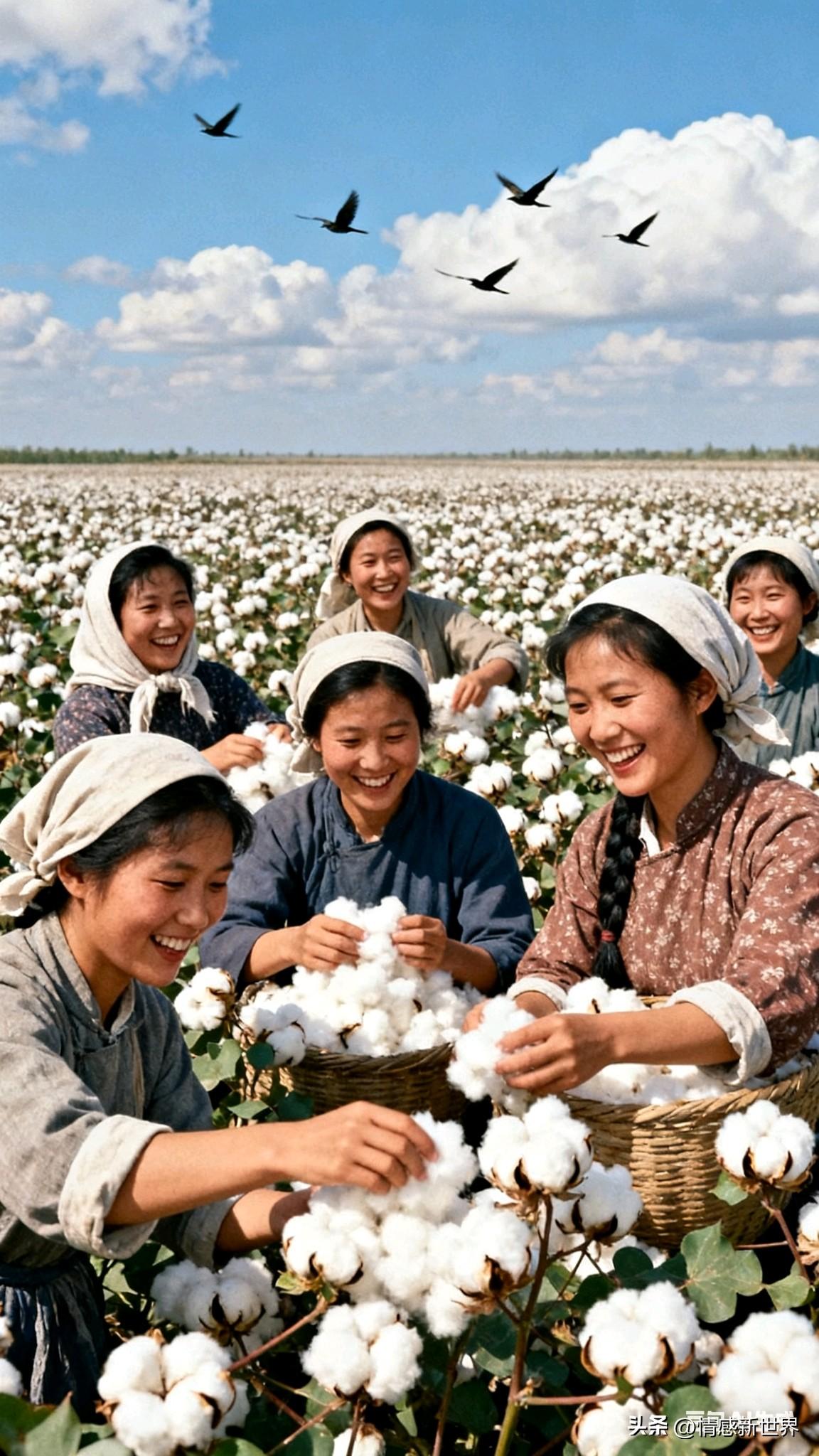 🌾 一群勤劳的姑娘们在田间采摘棉花，笑容洋溢，收获满满！🌻💛棉花☁️ 我在