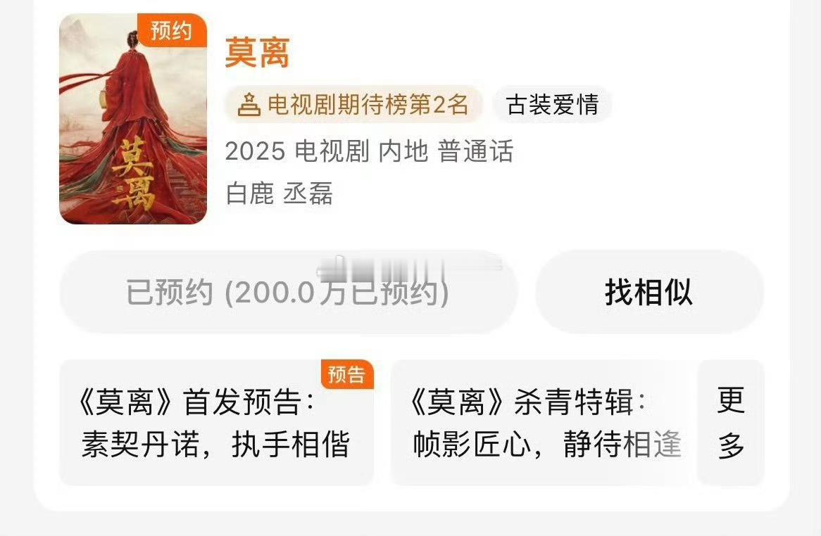白鹿丞磊莫离预约破 200w  才杀青两个月诶 