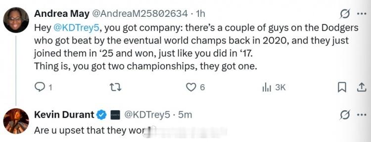 球迷：嘿，KD，你不是一个人，有几位（棒球）球员曾在2020年被最终的世界大赛冠