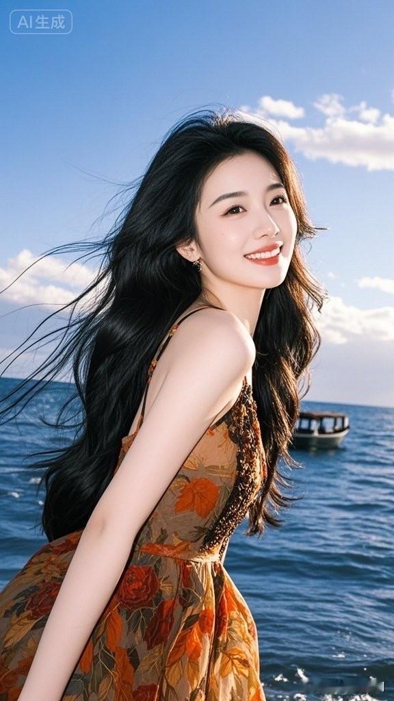 海边少女，闪耀耳环，优雅迷人