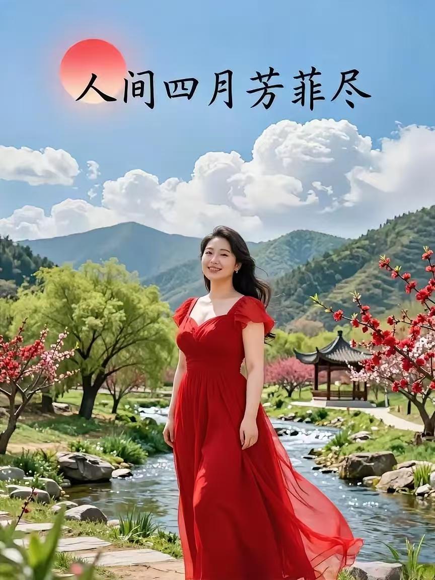 春日即景
人间四月春光好，
满目葱茏桃李红。
风拂翠烟花弄影，
一帧画卷入帘笼。