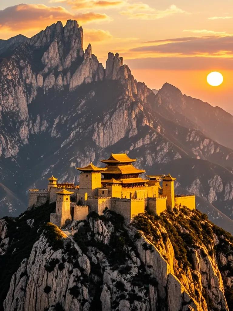 恒山在夕阳里，像一座金色城堡。余晖笼罩，威严中添几分柔美，尽显北岳独特的魅力风情