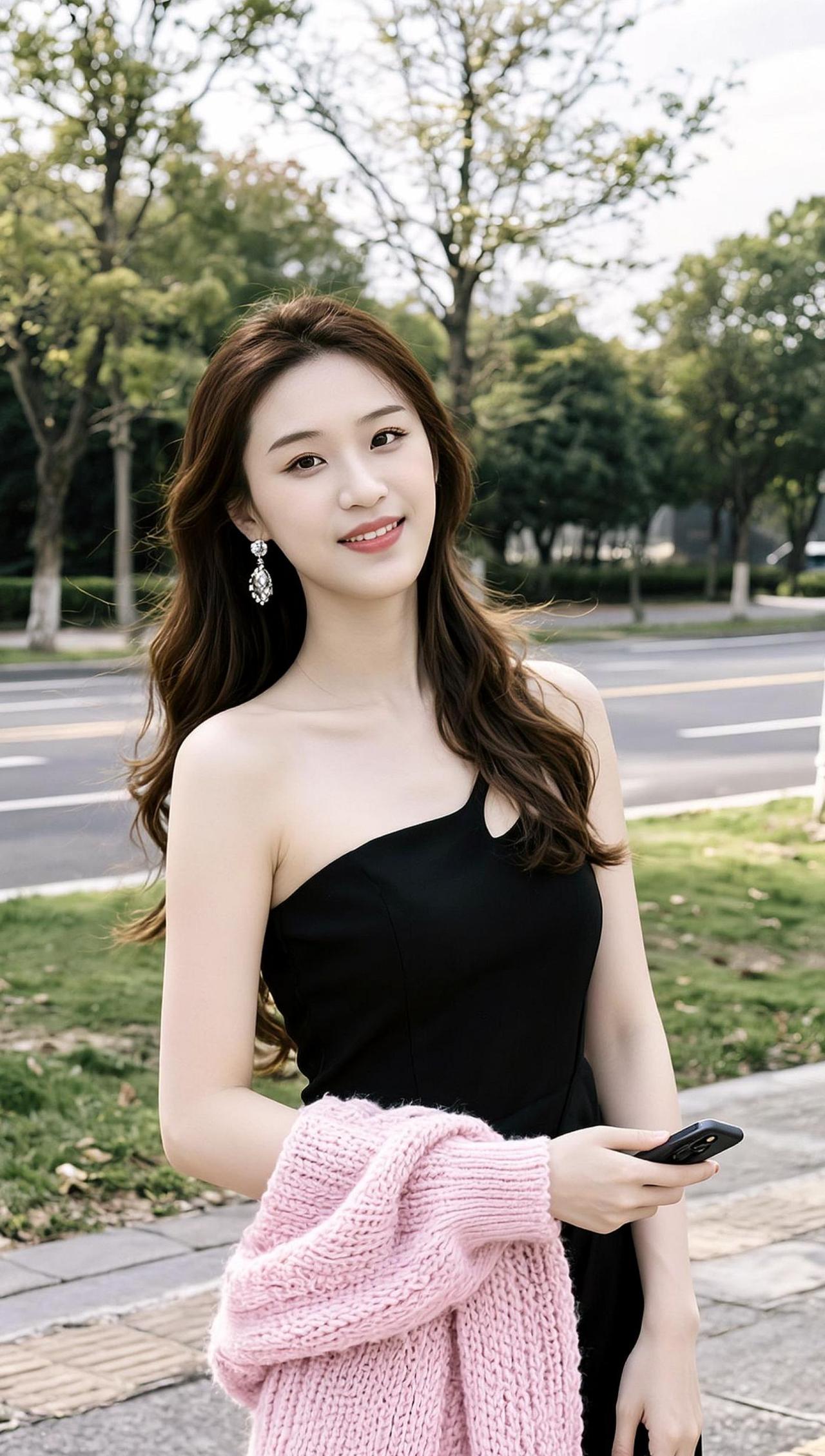 风拂过发梢，裙摆轻扬，像一首未写完的诗在街角低吟。光影落在肩头，温柔地勾勒出轮廓