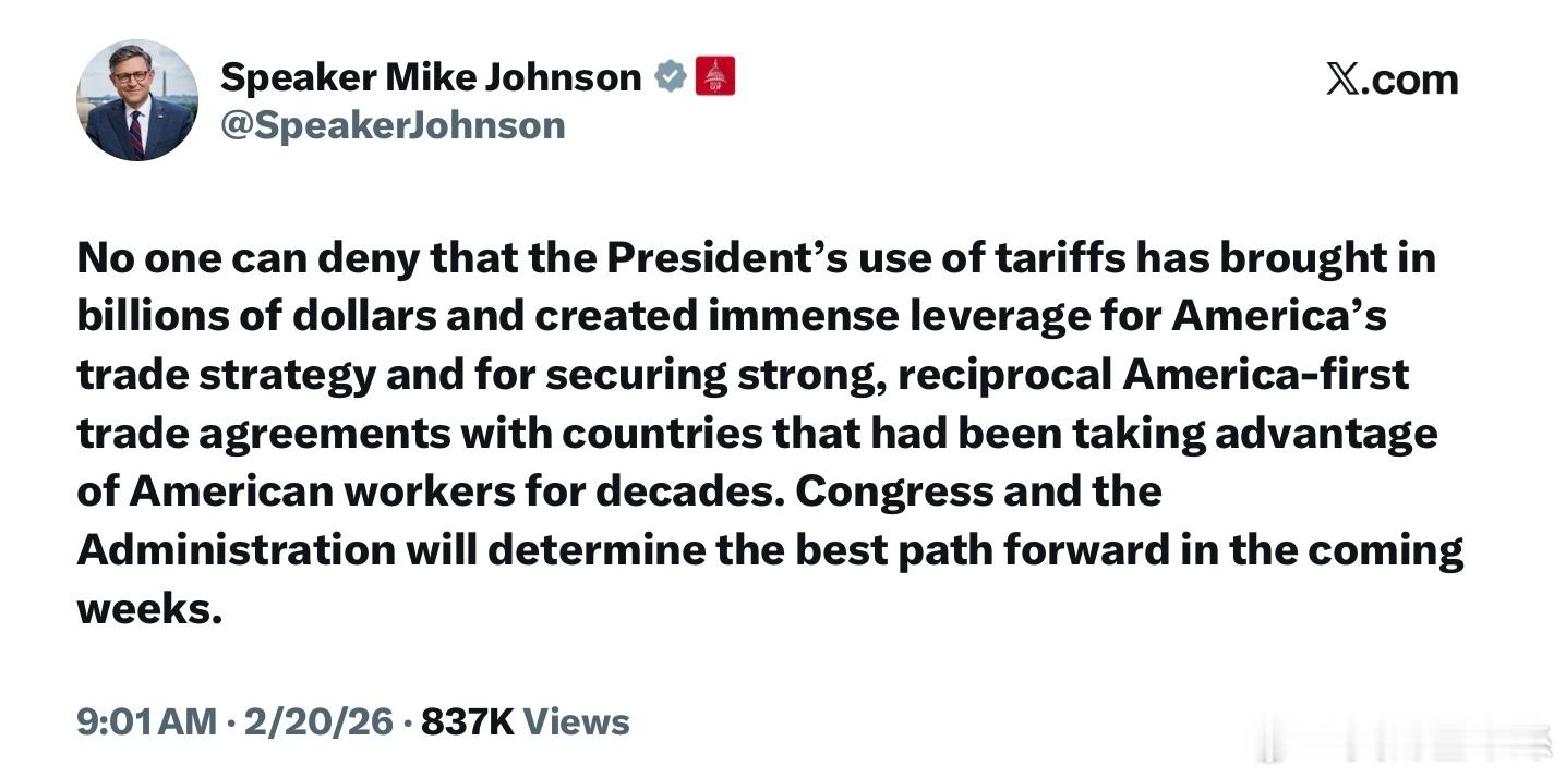 約翰遜議長：沒有人能否認，總統運用關稅政策已為美國帶來數十億美元的收入，並為美國
