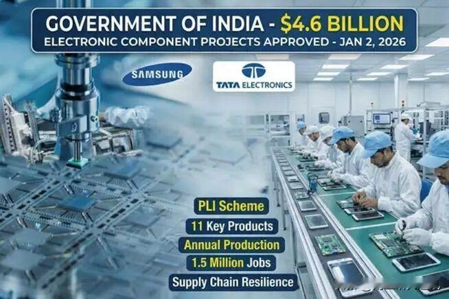 彭博社1月2日报道，印政府批准46亿美元（$4.6 billion）电子元件投资