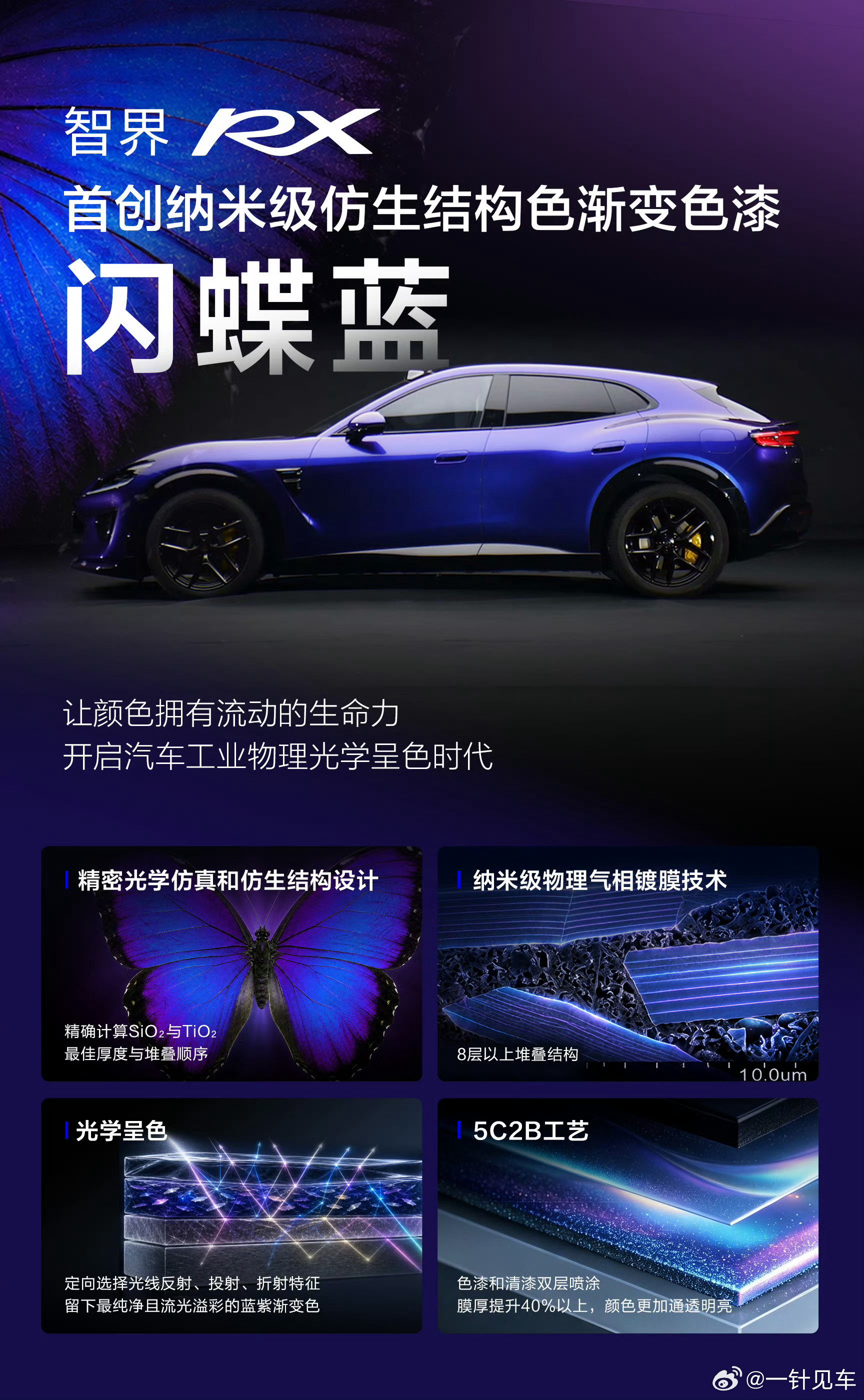 海蓝天解读，智界RX首创了纳米级仿生结构色渐变车漆，结构细到微米级，膜层薄到纳米