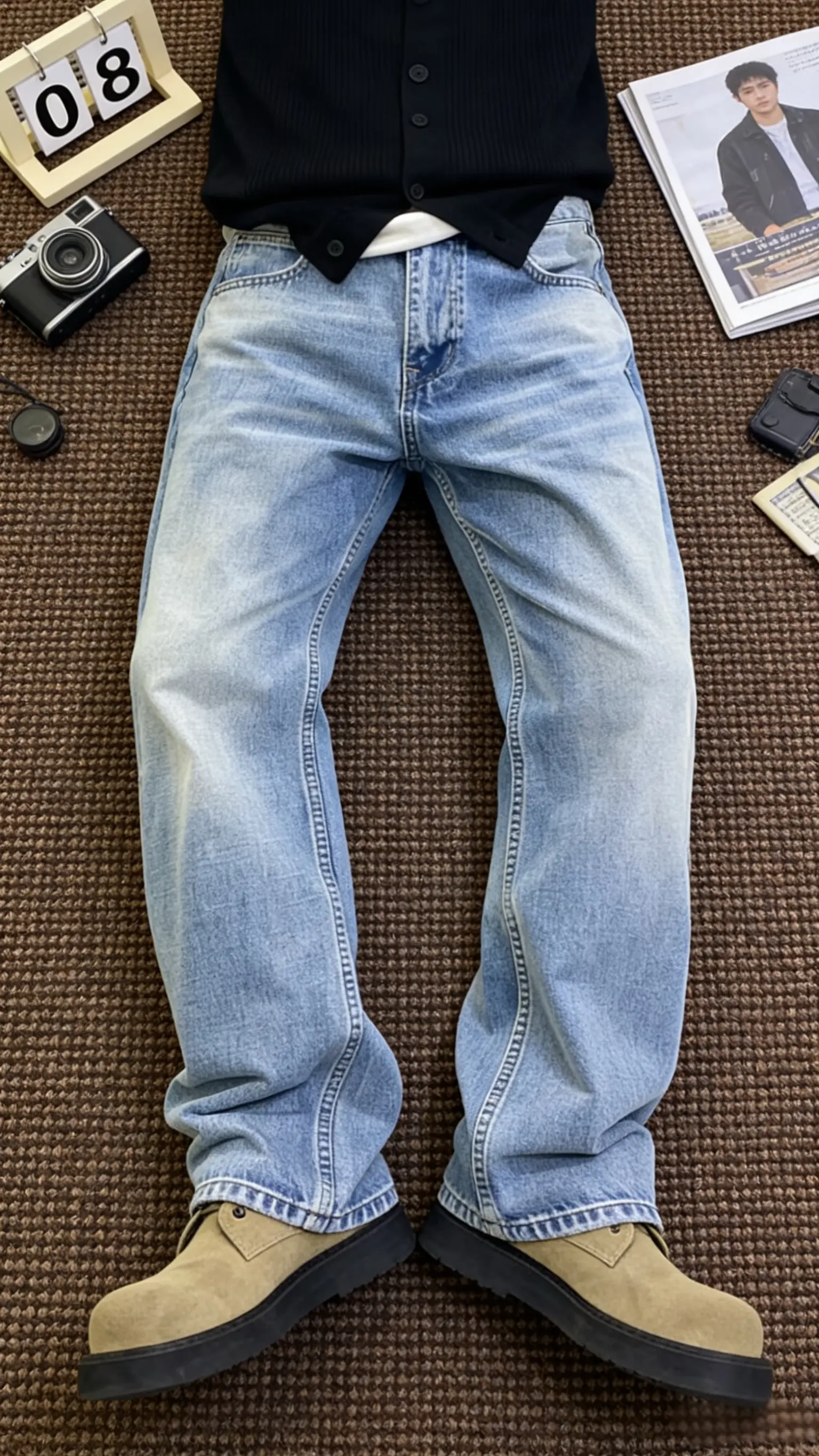 谁能拒绝这款春季水洗浅蓝色纯棉质感牛仔裤中直筒微宽松松弛感高级感痞帅长裤