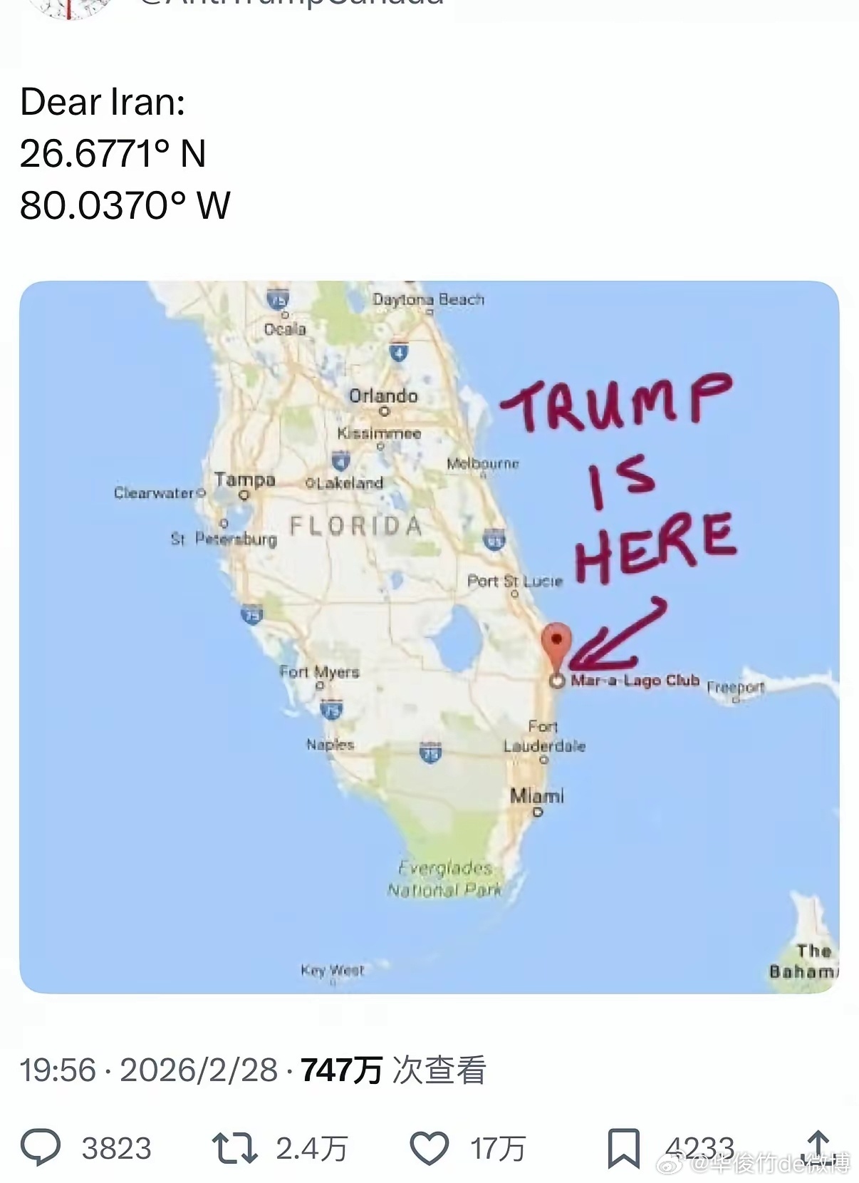 外网网友给伊朗发特朗普的定位的帖子火了，这是想干嘛？ 