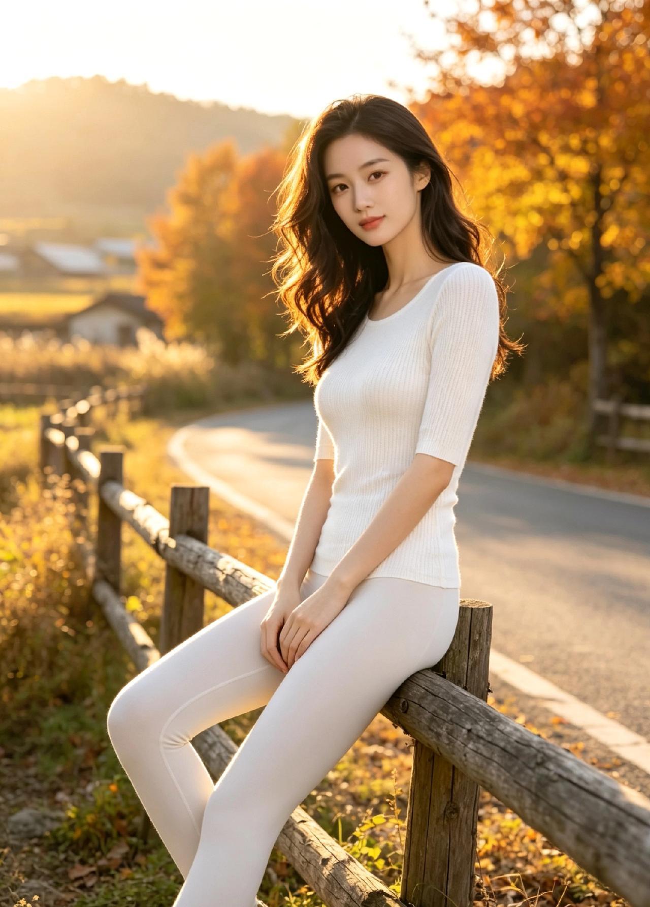 秋日暖阳下的少女，静坐木栅旁，岁月静好。