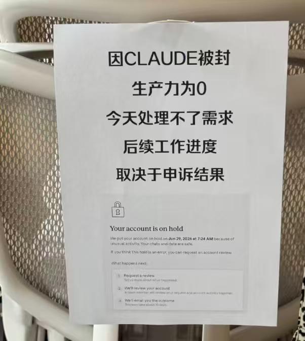 Claude账号因异常活动被临时封禁，业务生产停滞，进度只能等待申诉复核结果，哈