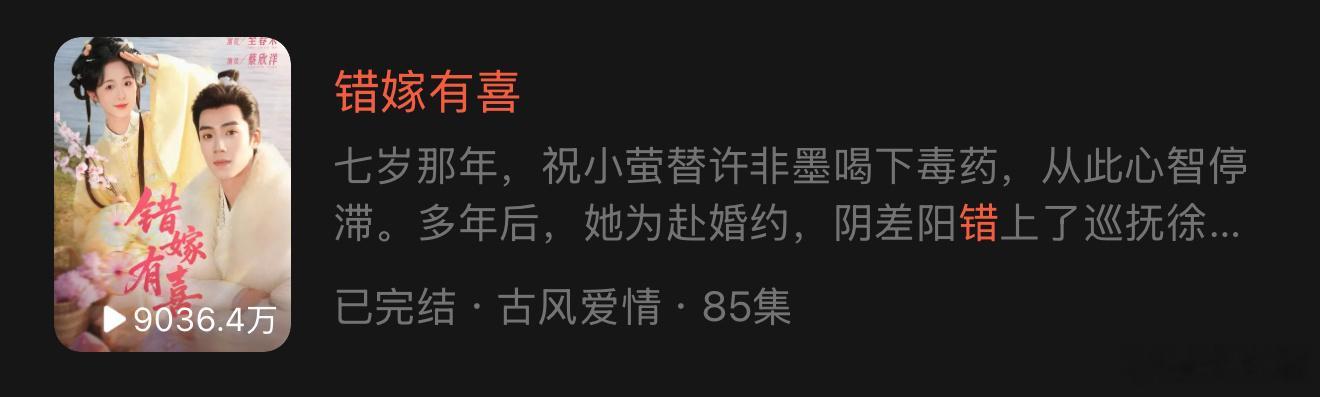 恭喜🎉至春禾×蔡欣洋『错嫁有喜』播放量破9000w！用时21天！成为今年最快破
