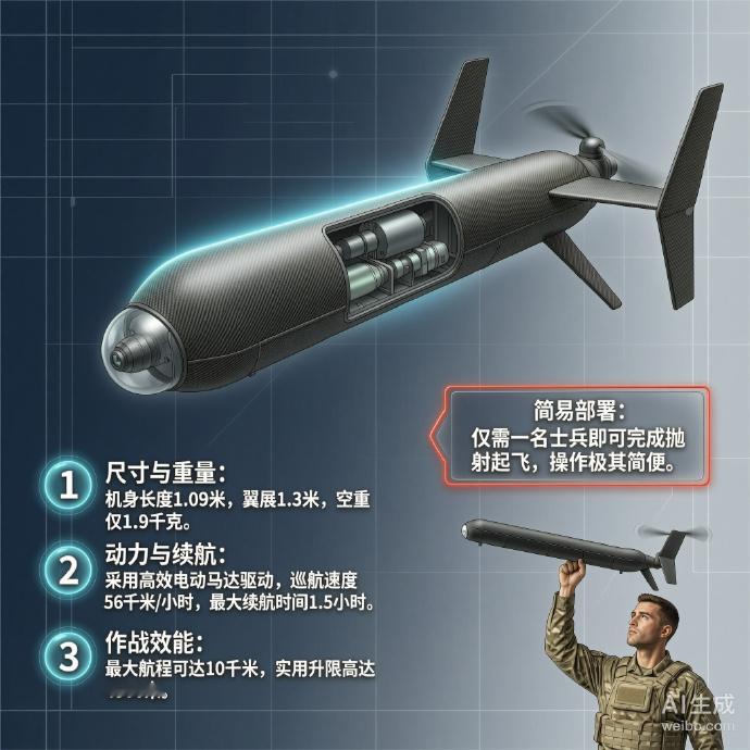 军事ai新视野 美国RQ-11“大乌鸦”无人机机身长度：1.09米翼展：1.3米
