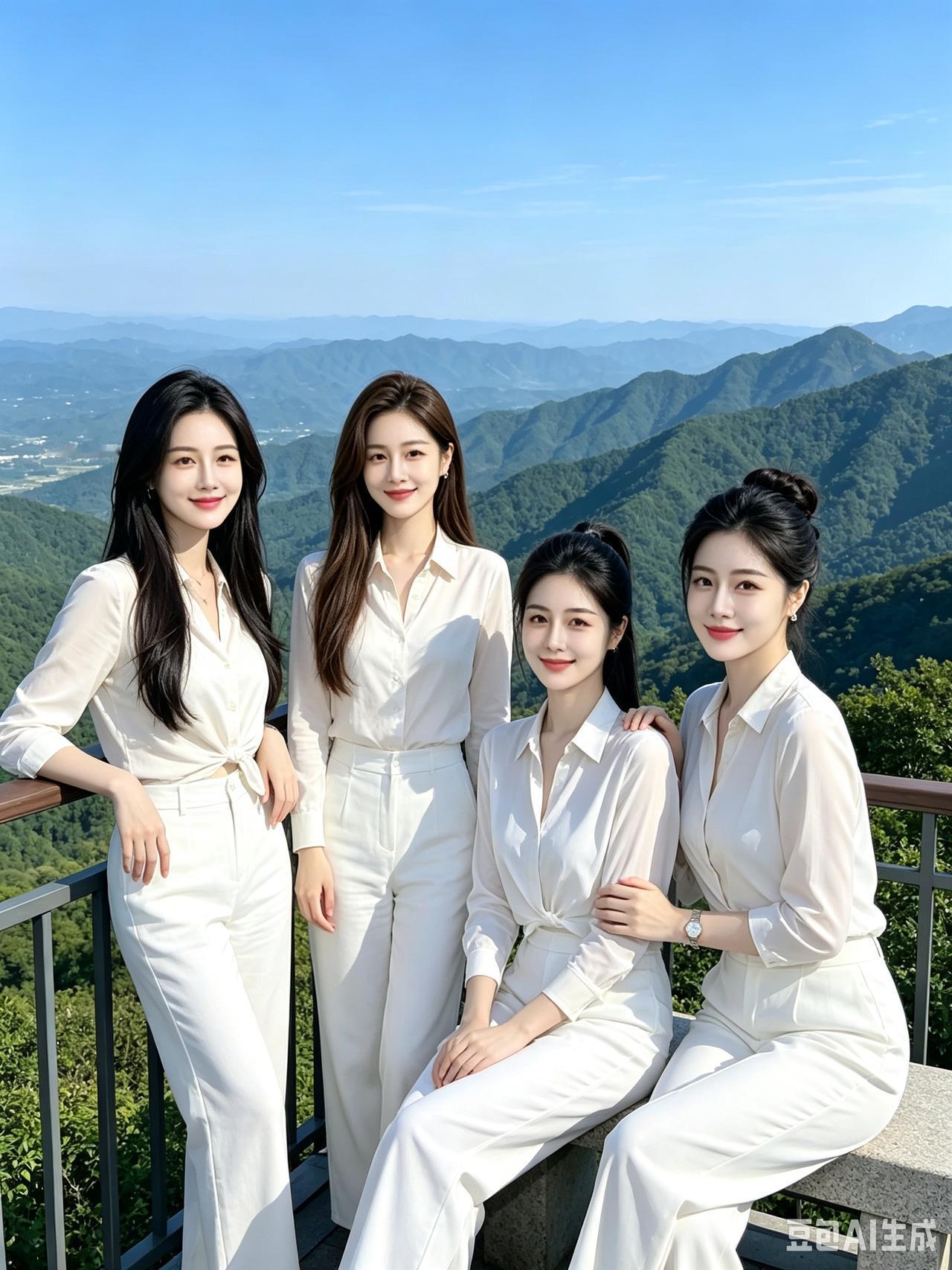 四个姐妹在山上看风景，笑得好开心！
