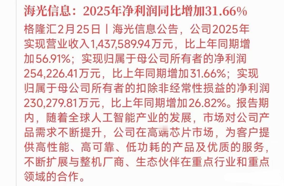 人工智能龙头发布业绩报告，看着很惊喜，其实有点惊吓海光信息发布了2025年年报和