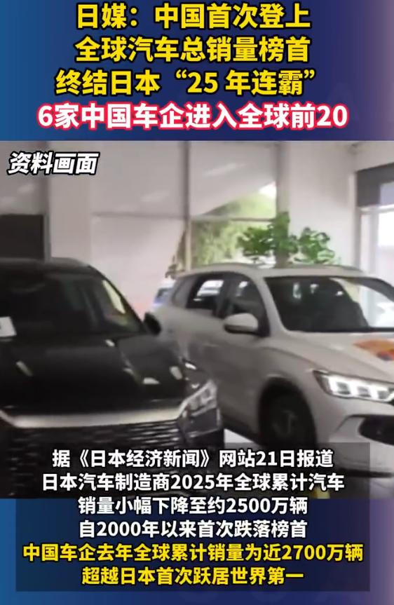 日媒：中国首次登上全球汽车总销量榜首，终结日本“25 年连霸”，6家中国车企进入