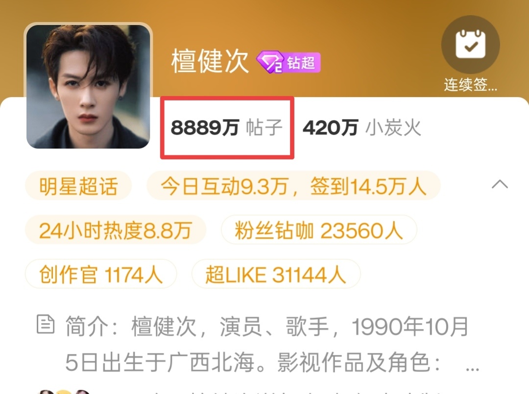 今天无论如何要拿下8900w发帖，冲一下檀健次