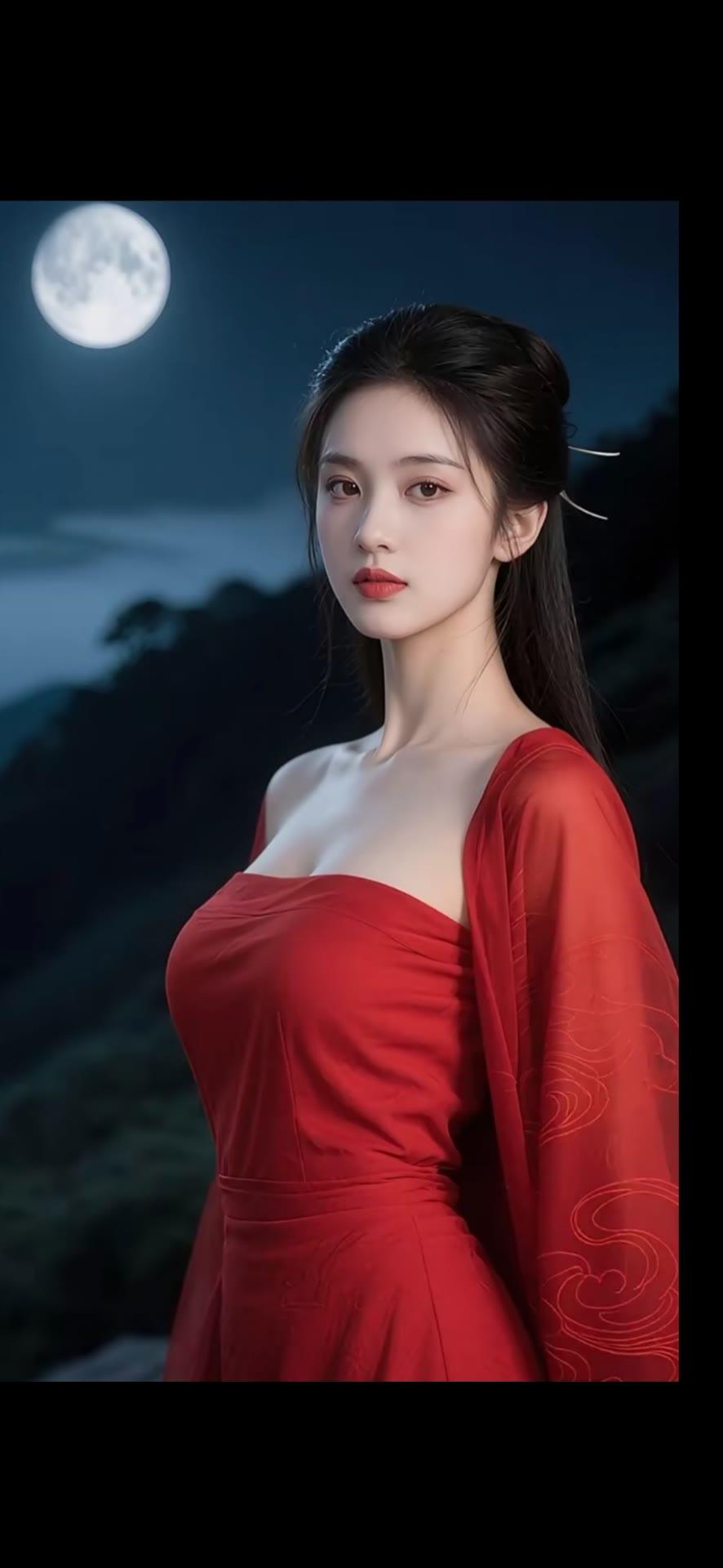 月下红衣美人，如梦似幻，惊艳了时光。