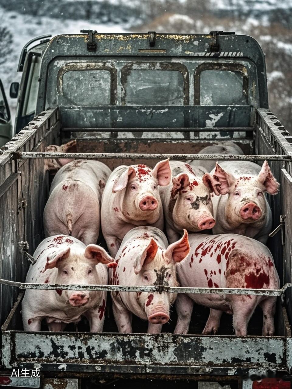 满满的一车死猪（冻透了）不知从哪里拉来的，也不知道拉到哪里去。
这得害祸多少人啊