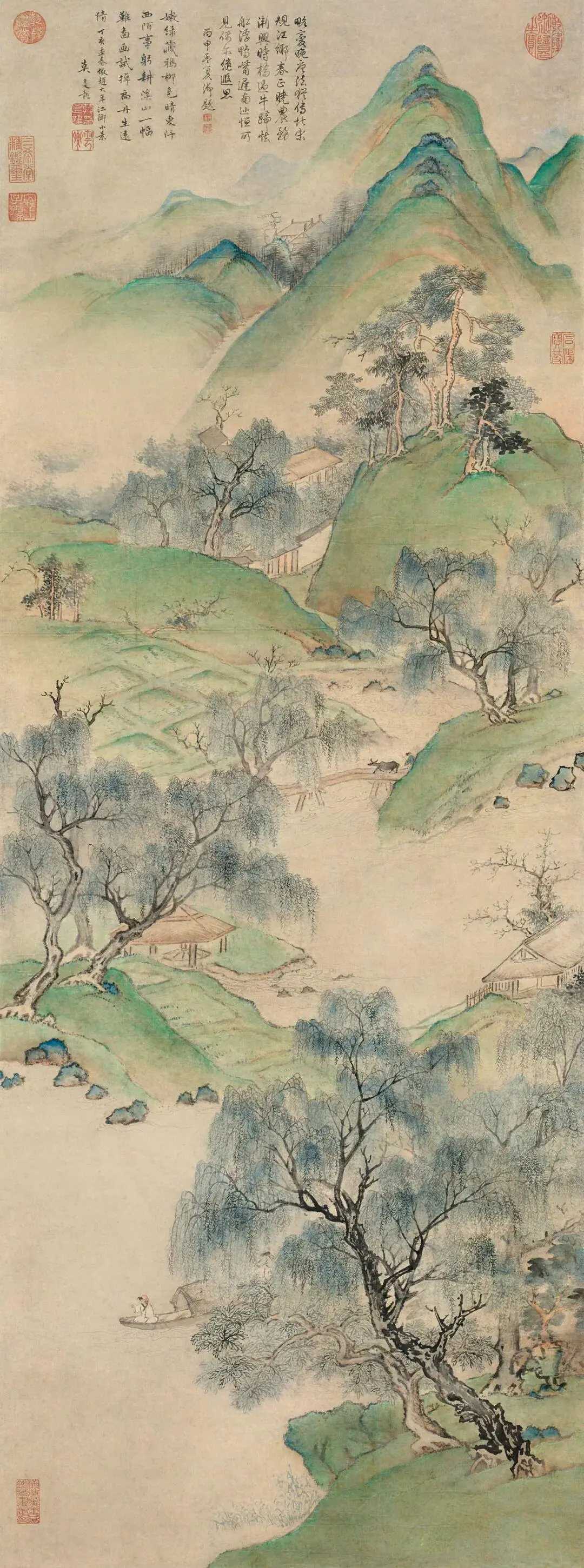 莫是龙《江乡小景》，134×49.5 cm，钤印：莫是龙印、云卿。莫是龙（153