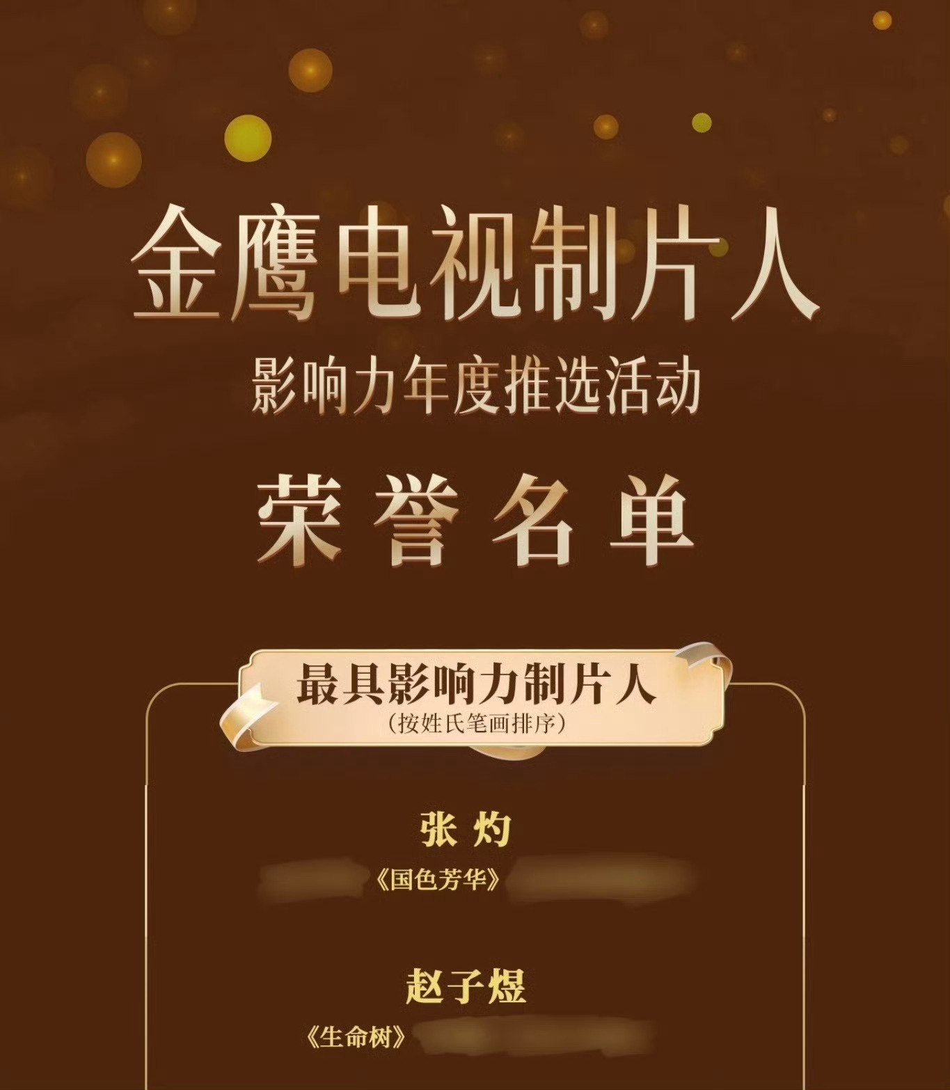 昨晚出炉的金鹰电视制片人影响力年度推选活动中 恭喜国色芳华/生命树制片人获得最具