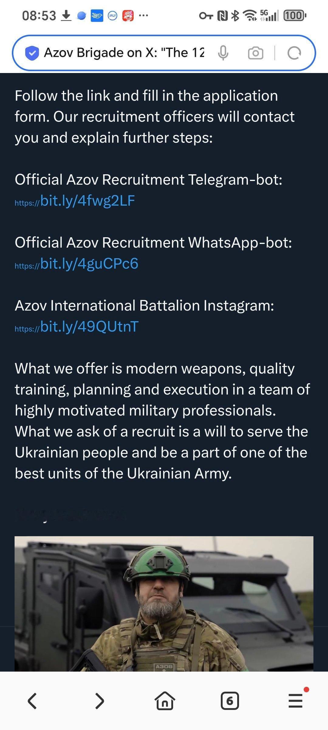 乌克兰第12特种部队 "亚速"旅（AzoV）宣布，从现在起正式接受国际人员入伍。