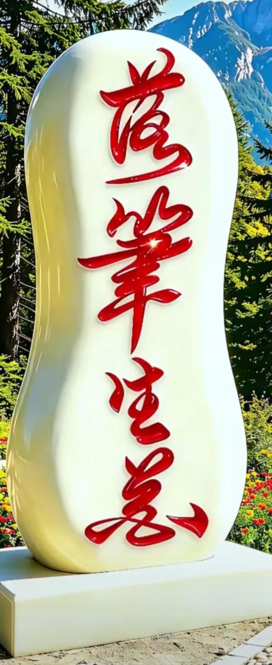 一块大白石头上写着红字。这红色的字体太漂亮了。写的什么字？读出来听听。公园石头题