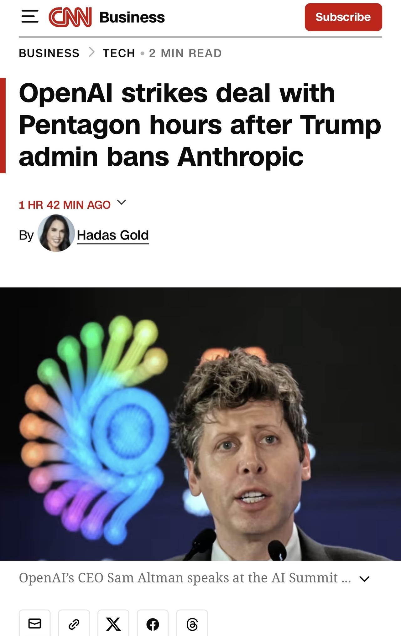 OpenAI 表示，在特朗普总统要求联邦机构停止使用竞争对手 Anthropic