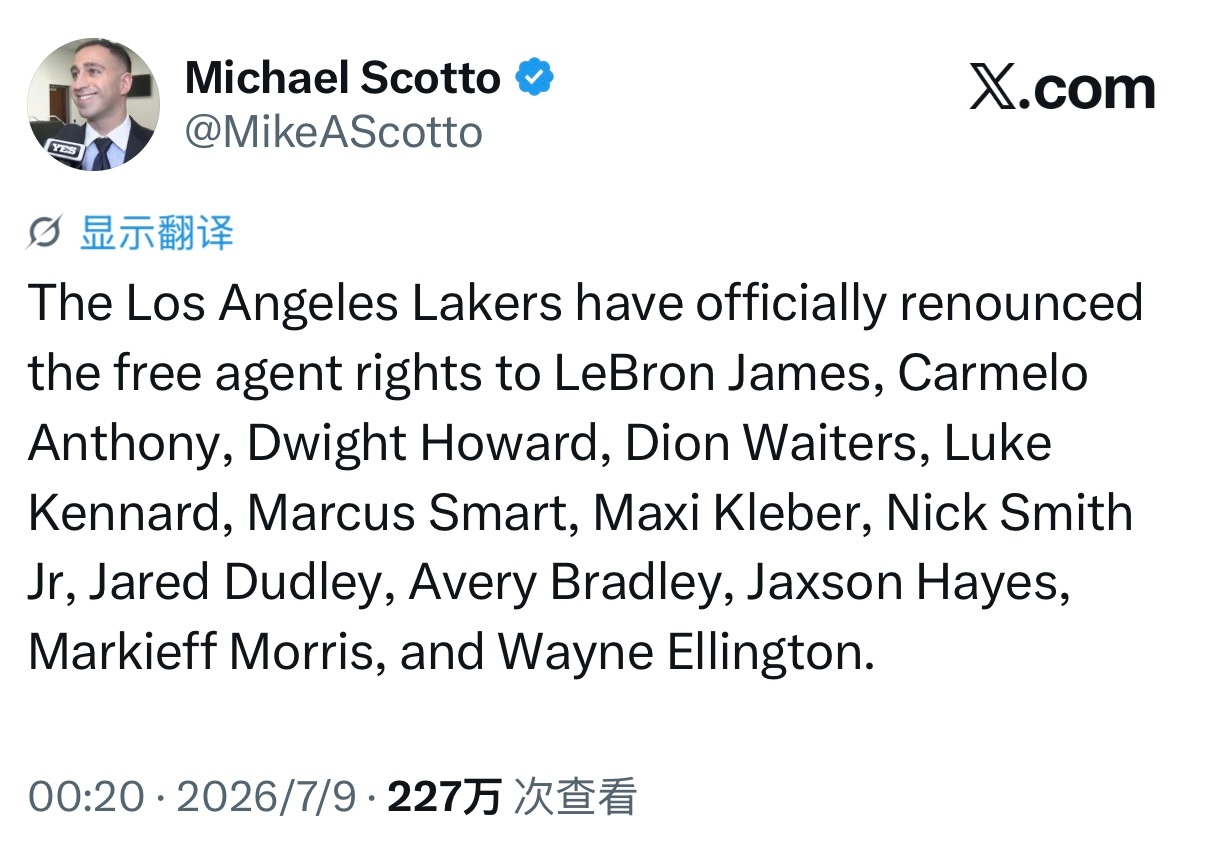 据HoopsHype记者Michael Scotto报道，洛杉矶湖人队已经正式放