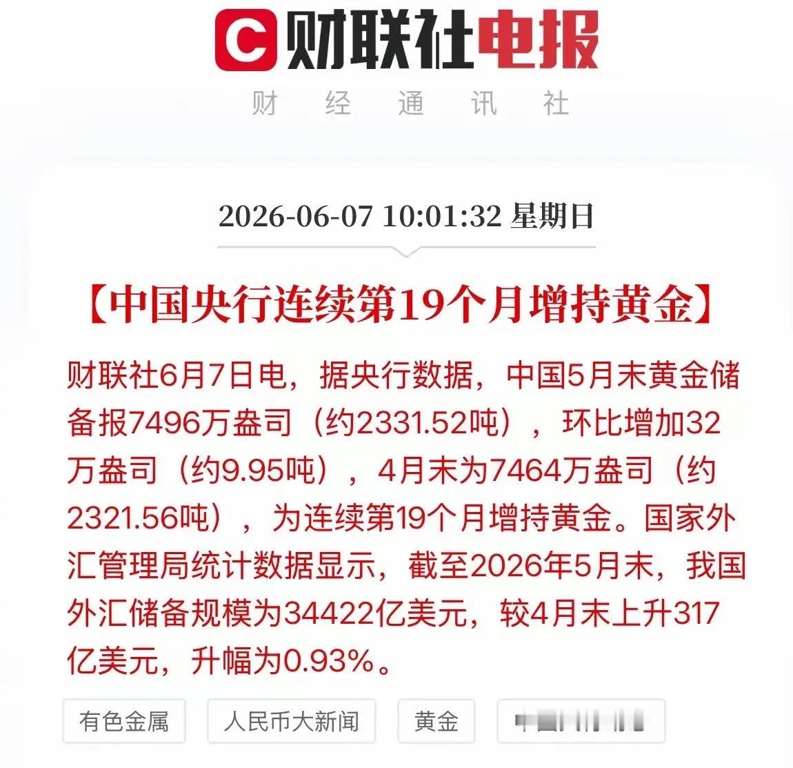 中国央行连续第19个月增持，5月环比增加32万盎司，加大了单月增持力度。中国央行