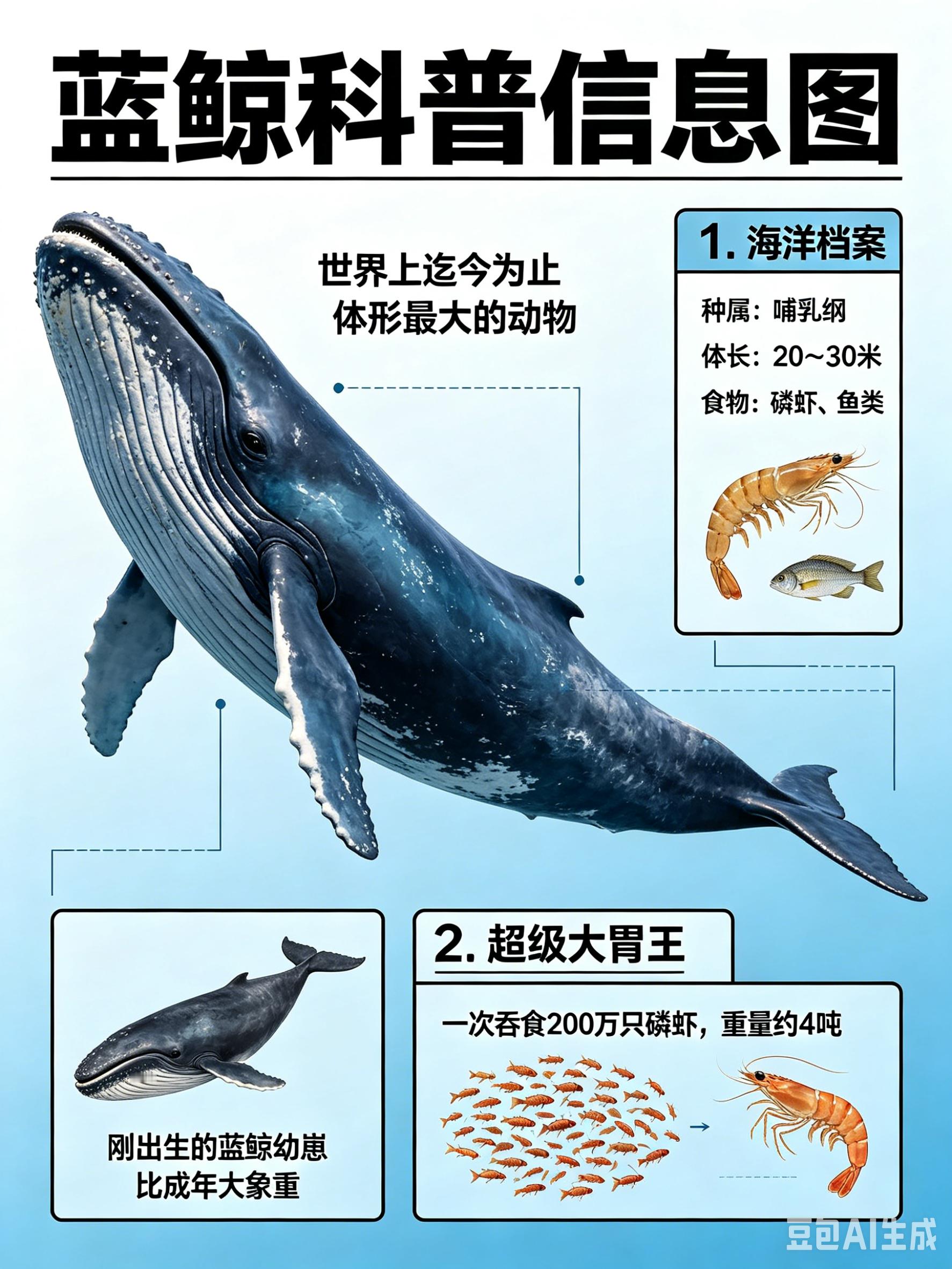 海洋朋友圈 蓝鲸海洋档案种　属：哺乳纲体　长：20～30米食　物：磷虾、鱼类蓝鲸
