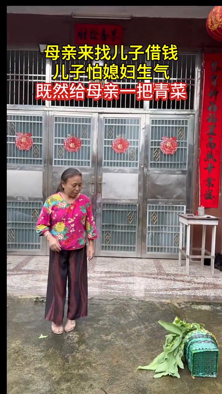 母亲来找儿子借钱，儿子怕媳妇生气，既然给母亲一把青菜。