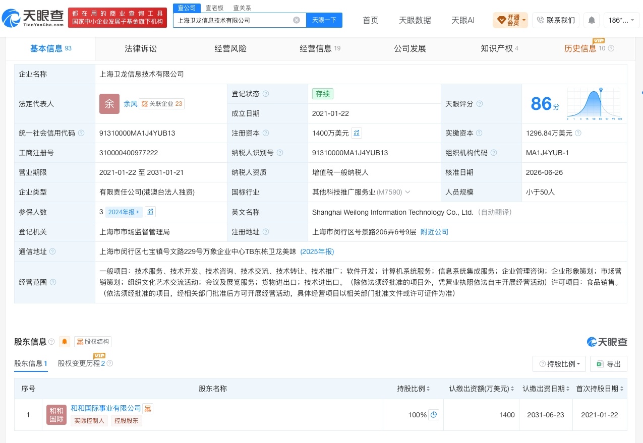 【卫龙旗下信息技术公司增资至1400万美元 增幅600%】财报研究社Pro讯，天