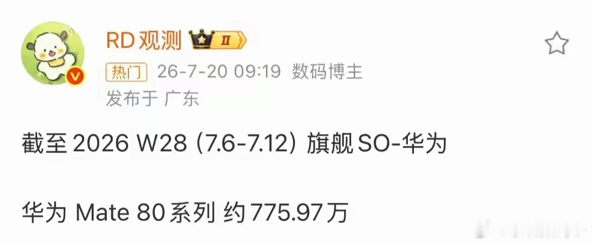 截止到W28华为mate80系列销售775.97万！这万后面没有字，这775.9