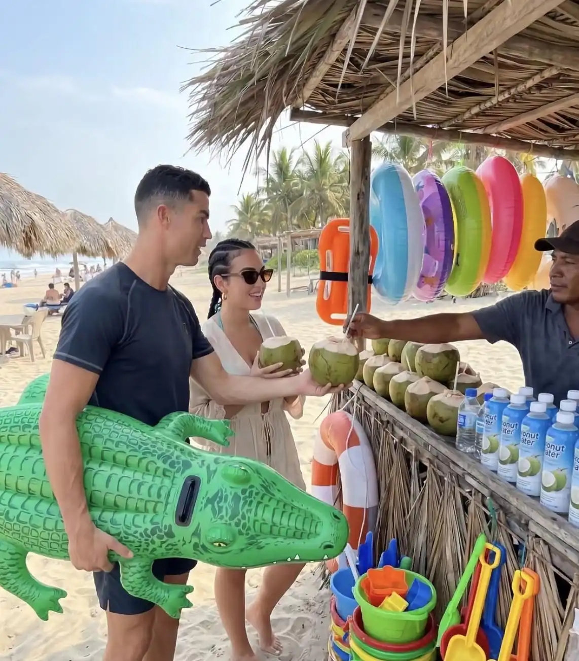 C罗带未婚妻海边度假，乔治娜穿红色比基尼沙滩跳跃秀完美腰臀比，41岁巨星八块腹肌