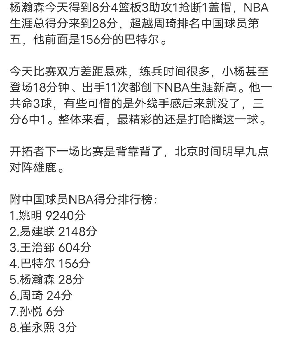 杨瀚森很棒！
NBA生涯已得到了28分，超越周琦排名第五！
看似平淡的数据实际上