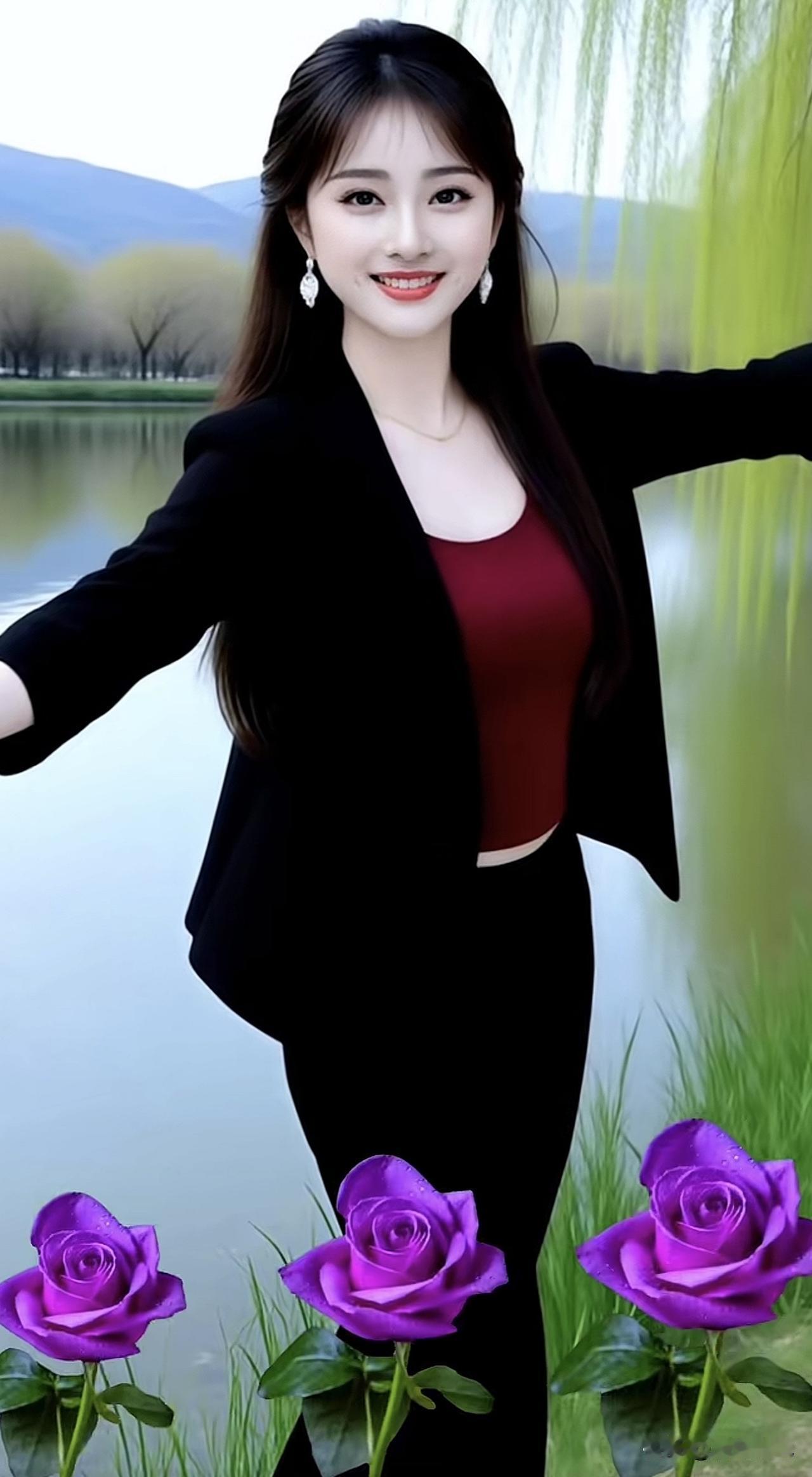 优雅黑西服搭配红衣，在湖畔绽放迷人魅力！🌹💃玫红色西服穿搭 玫红色西装穿搭 