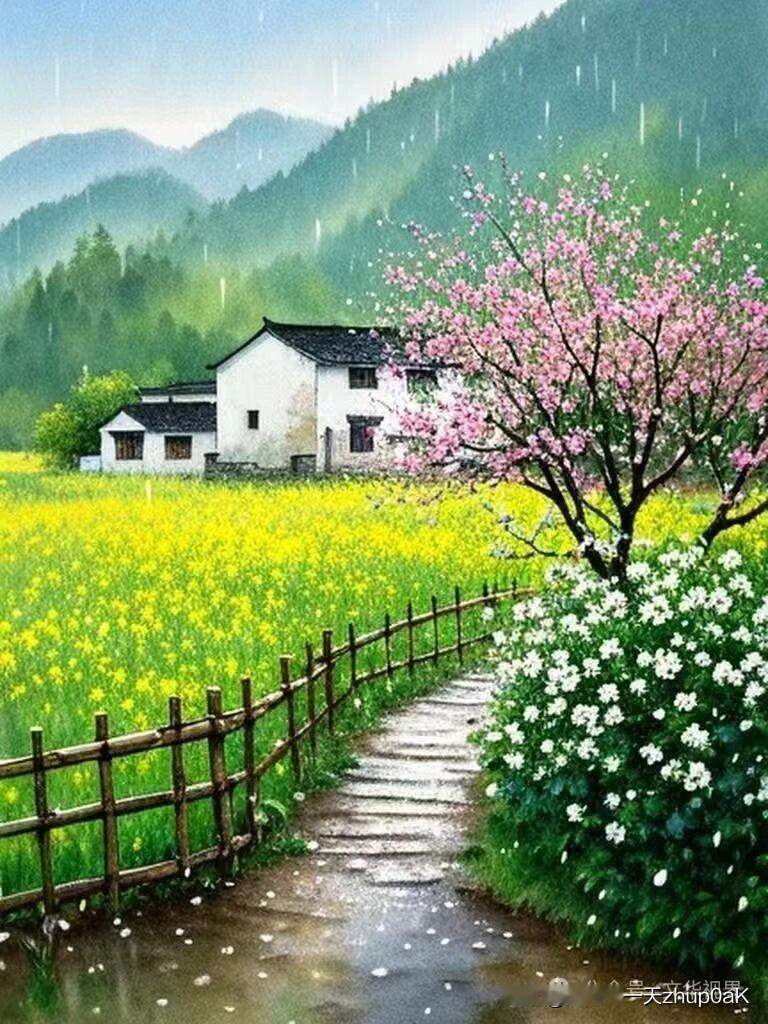 《村居》
——宋.叶茵
数舍茅茨簇水涯，
傍檐一树早梅花。
年丰便觉村居好，
竹